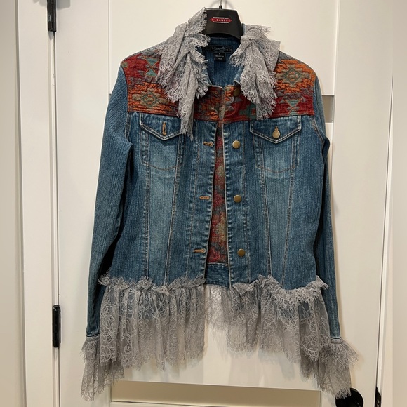 Clearwater Outfitters Blue Jean Jacket with Red Embroidery and Gray Lace Small - Picture 1 of 6